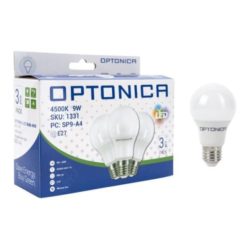 Optonica A60 LED izzó E27 9W 806lm 6000K hideg fehér 3db/csomag 1330