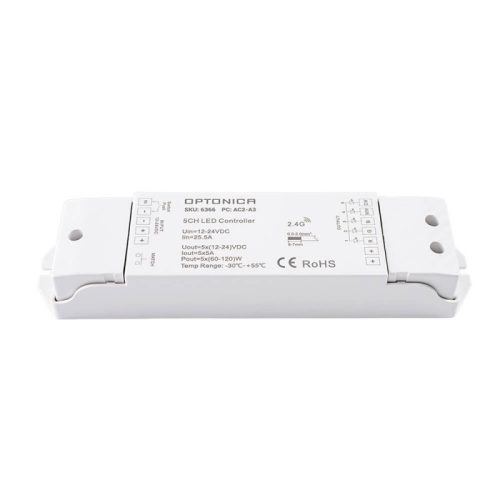 LED vezérlő V5; 12-24V DC; 5*5A, Max 25A; 300W/600W(12V/24V)